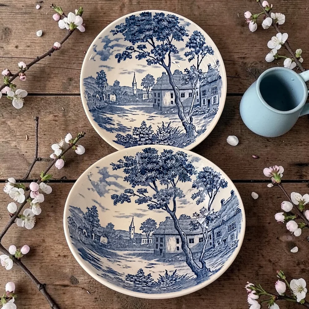 2 Holmar English Village Bowls Set Soup Cereal‎ Berry Blue White Vintage Japan